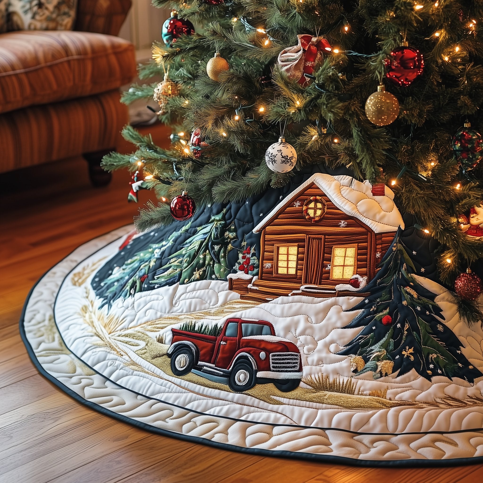 Red Truck by the Snowy Cabin Christmas Tree Skirt
