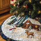 Snowman and Deer by the Cabin Christmas Tree Skirt