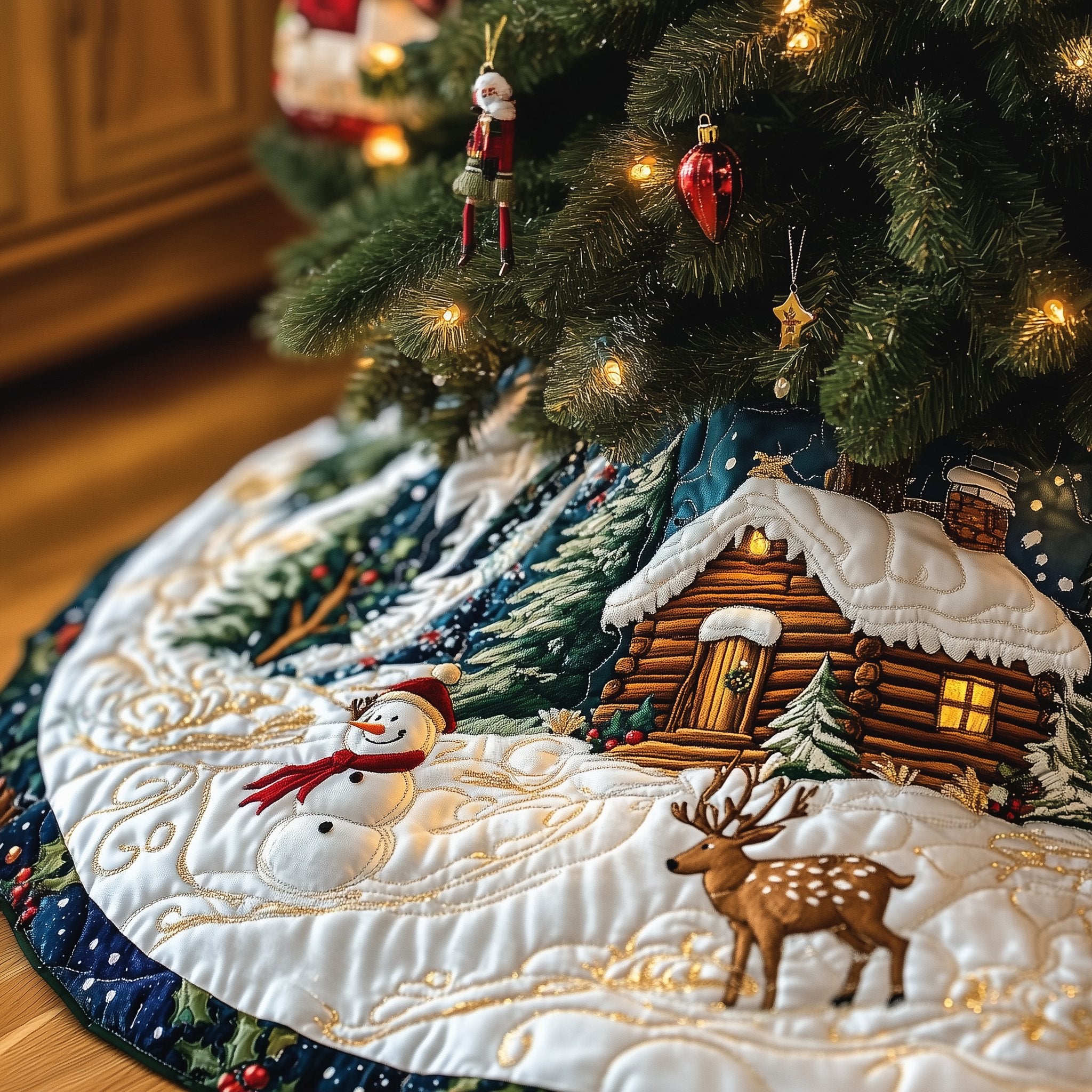 Snowman and Deer by the Cabin Christmas Tree Skirt