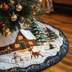 Cabin with Snowman and Reindeer Christmas Tree Skirt