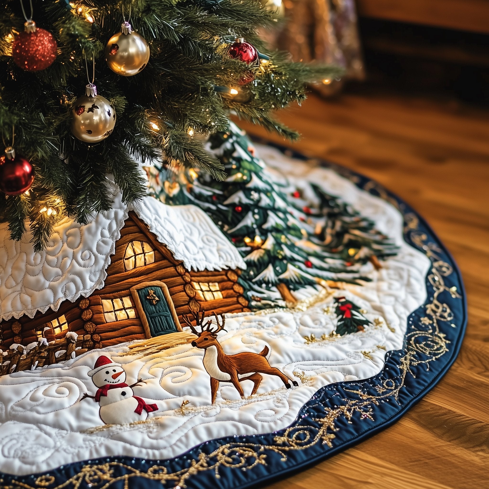 Cabin with Snowman and Reindeer Christmas Tree Skirt
