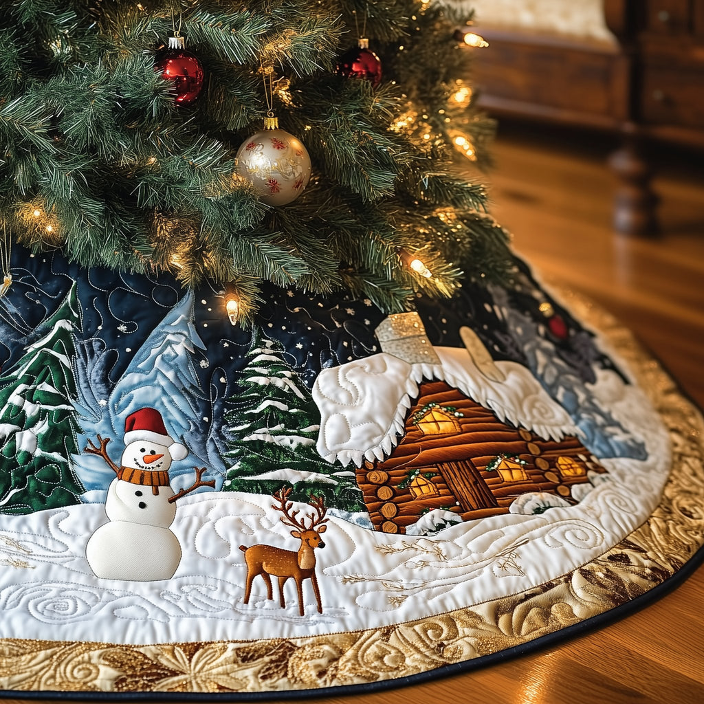 Snowman and Deer at the Lit Cabin Christmas Tree Skirt