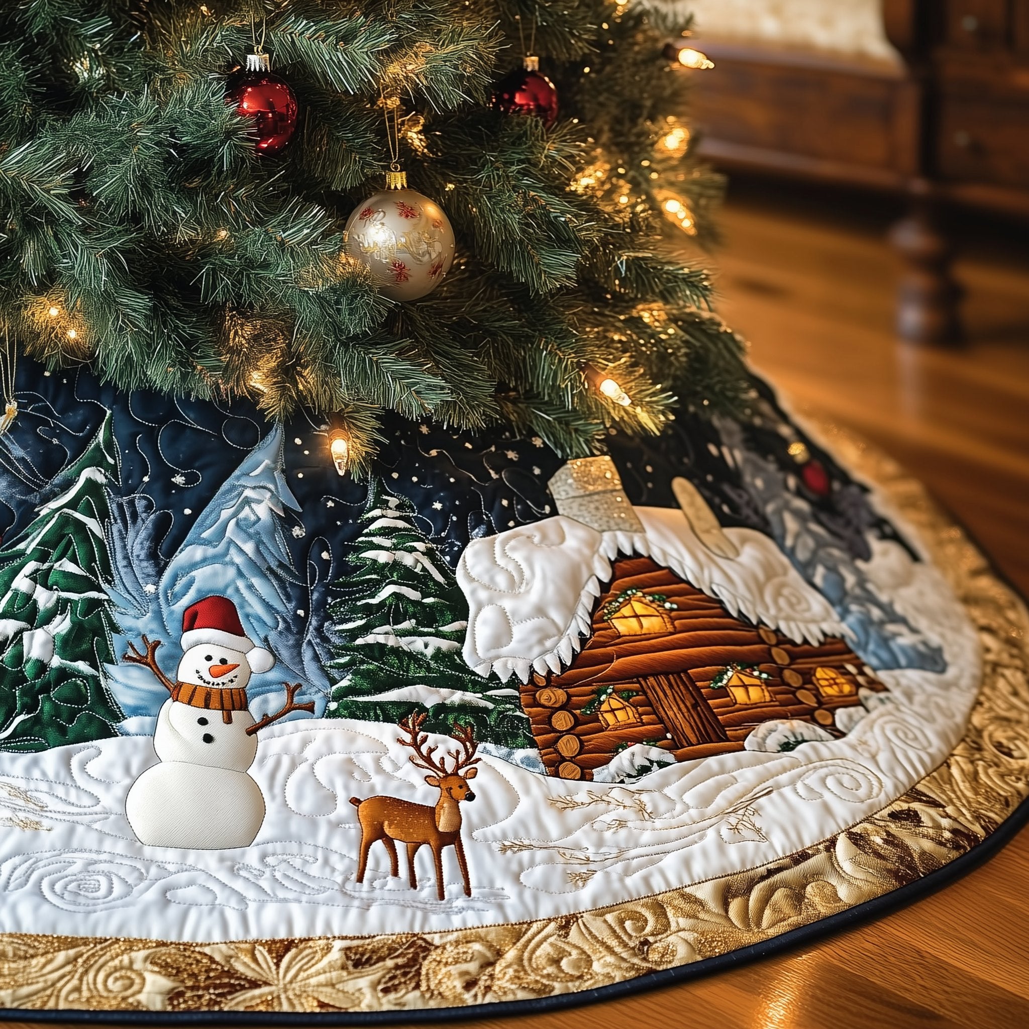 Snowman and Deer at the Lit Cabin Christmas Tree Skirt