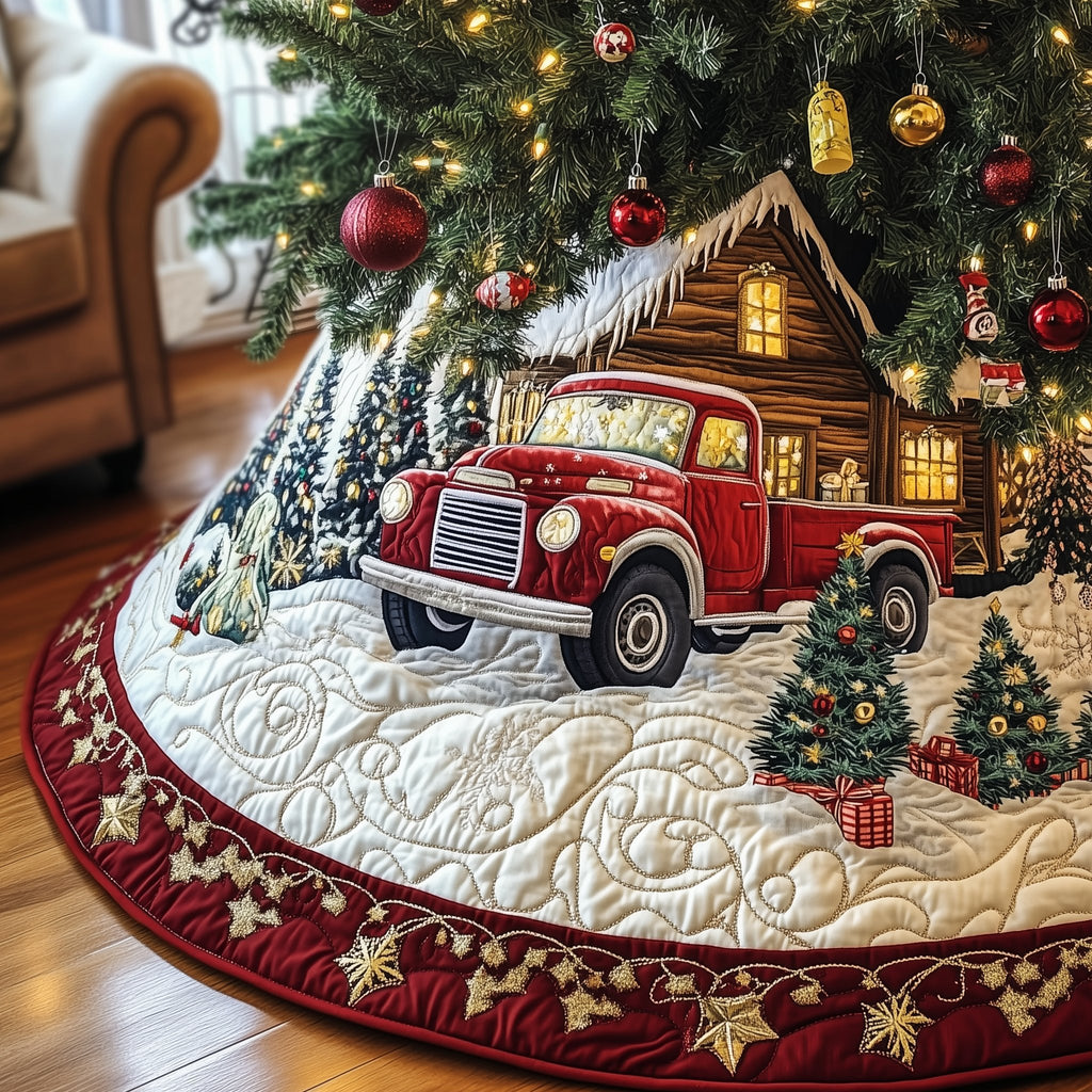 Red Truck and Cabin in the Pines Christmas Tree Skirt