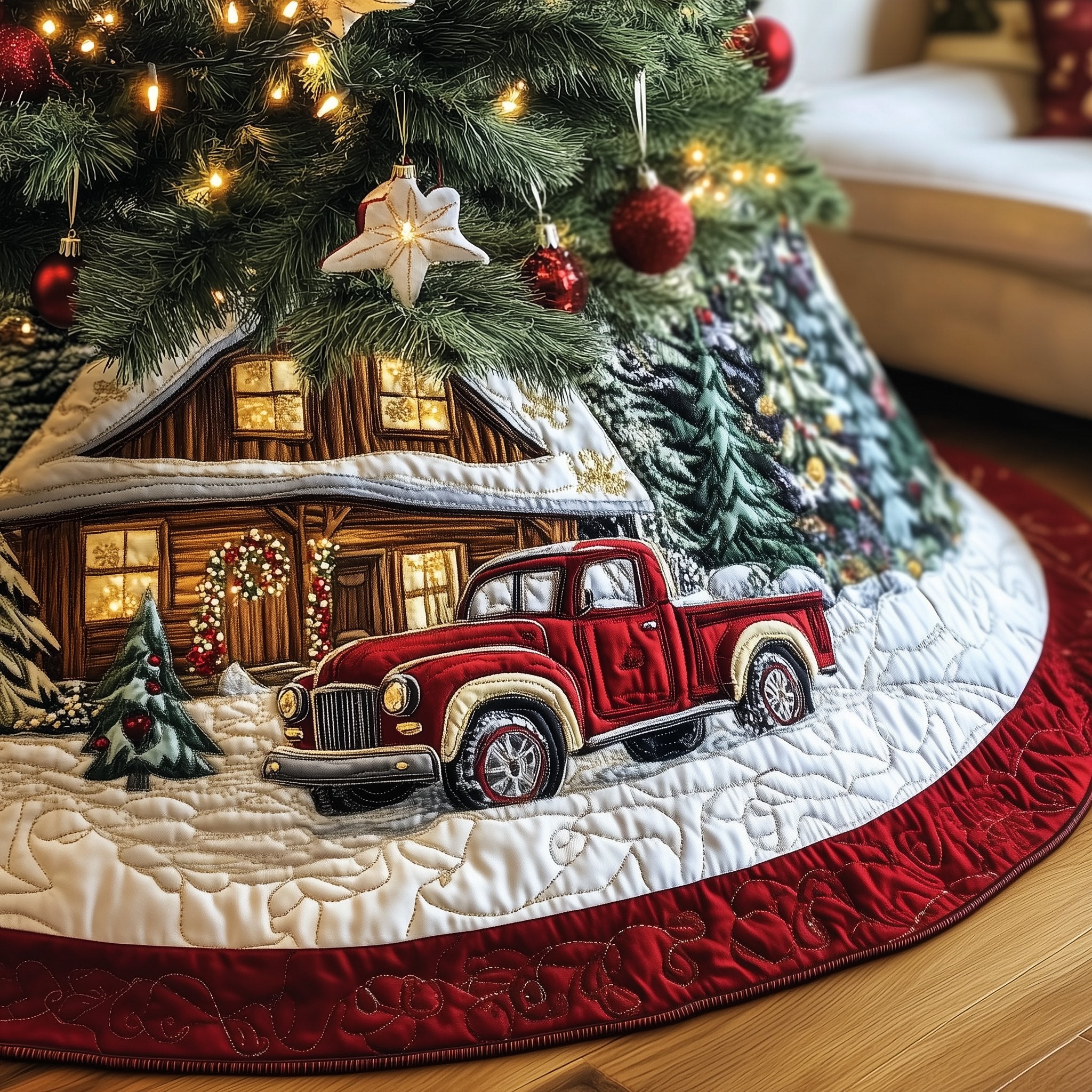 Red Pickup at the Christmas Cabin Christmas Tree Skirt
