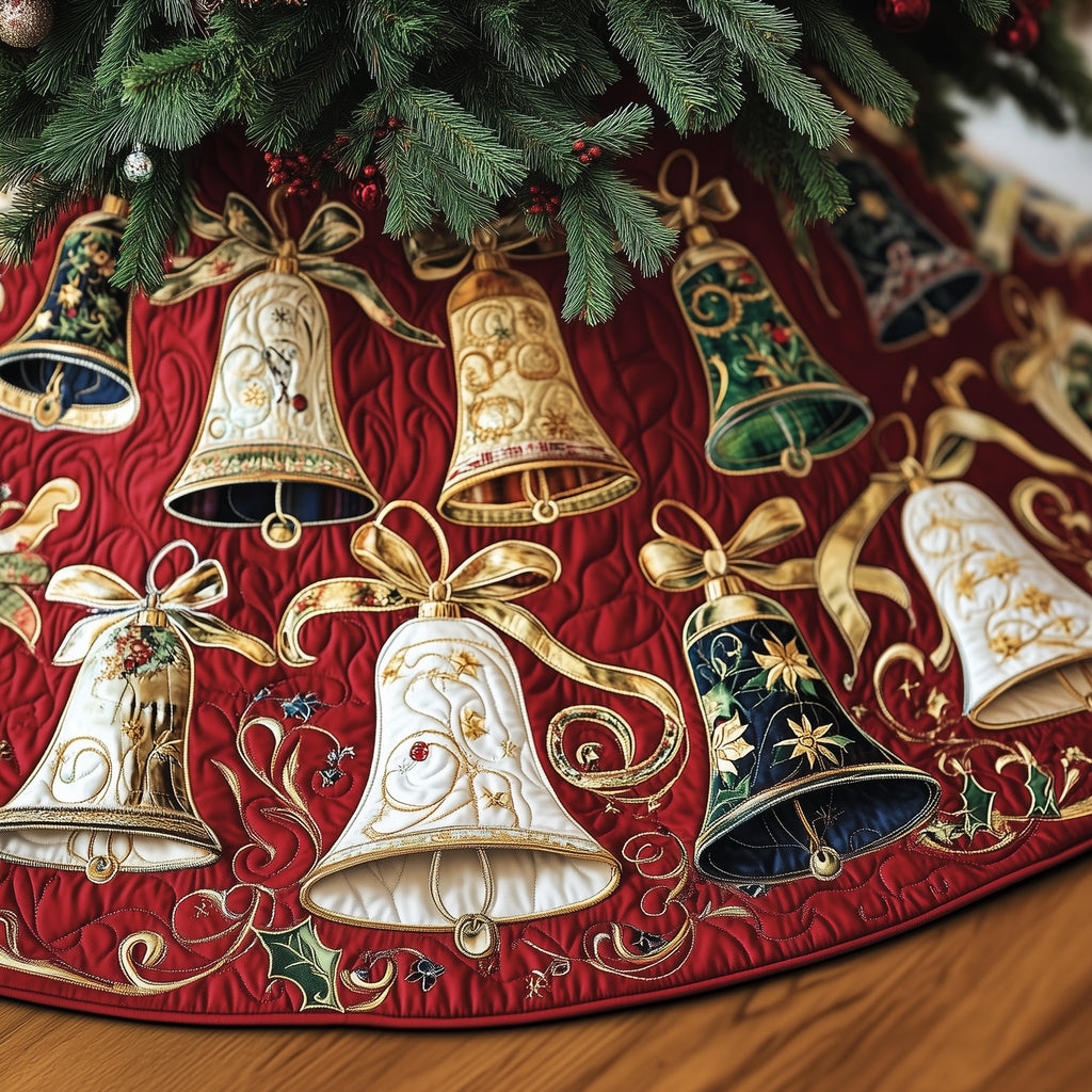 Golden Bells on Crimson Quilt Christmas Tree Skirt
