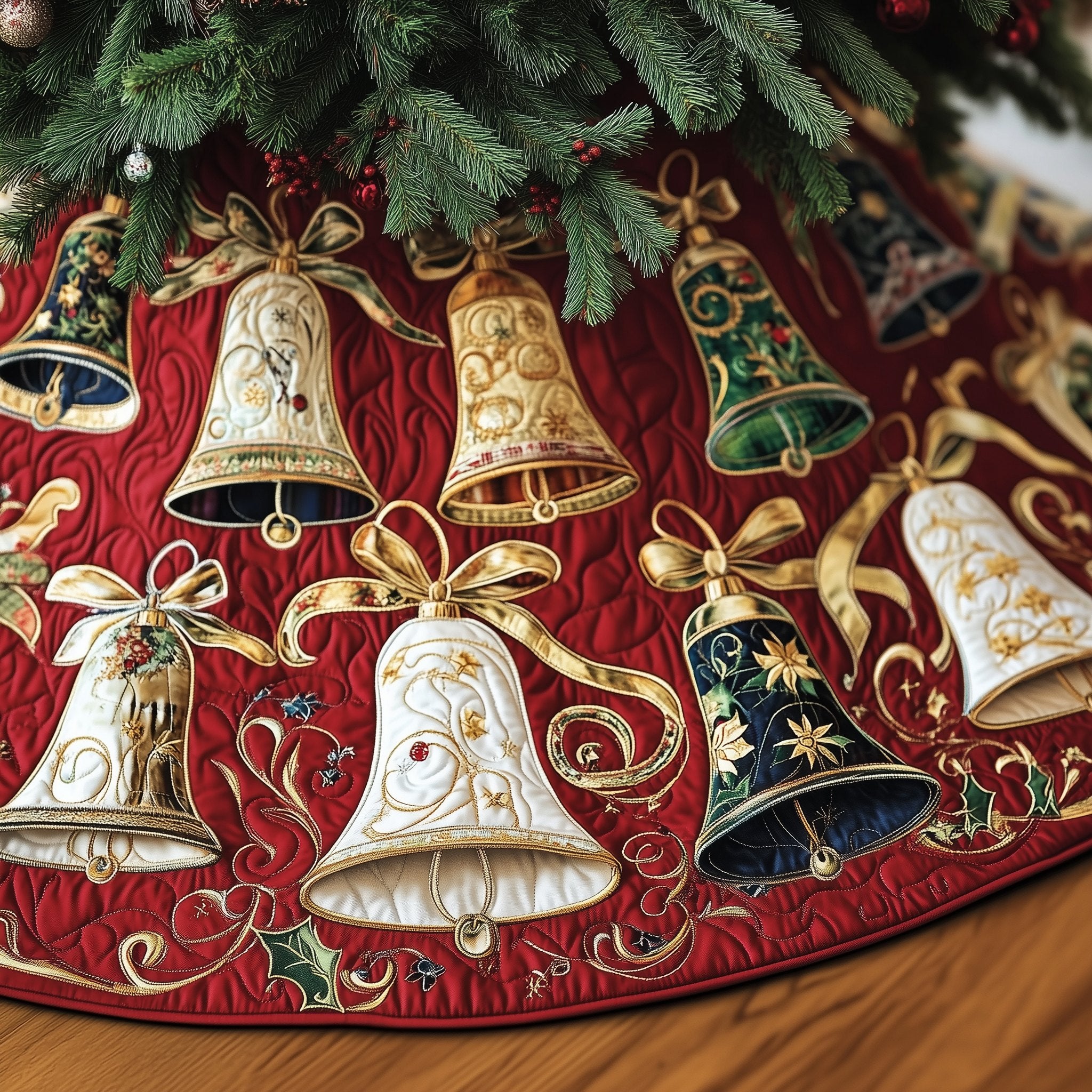 Golden Bells on Crimson Quilt Christmas Tree Skirt