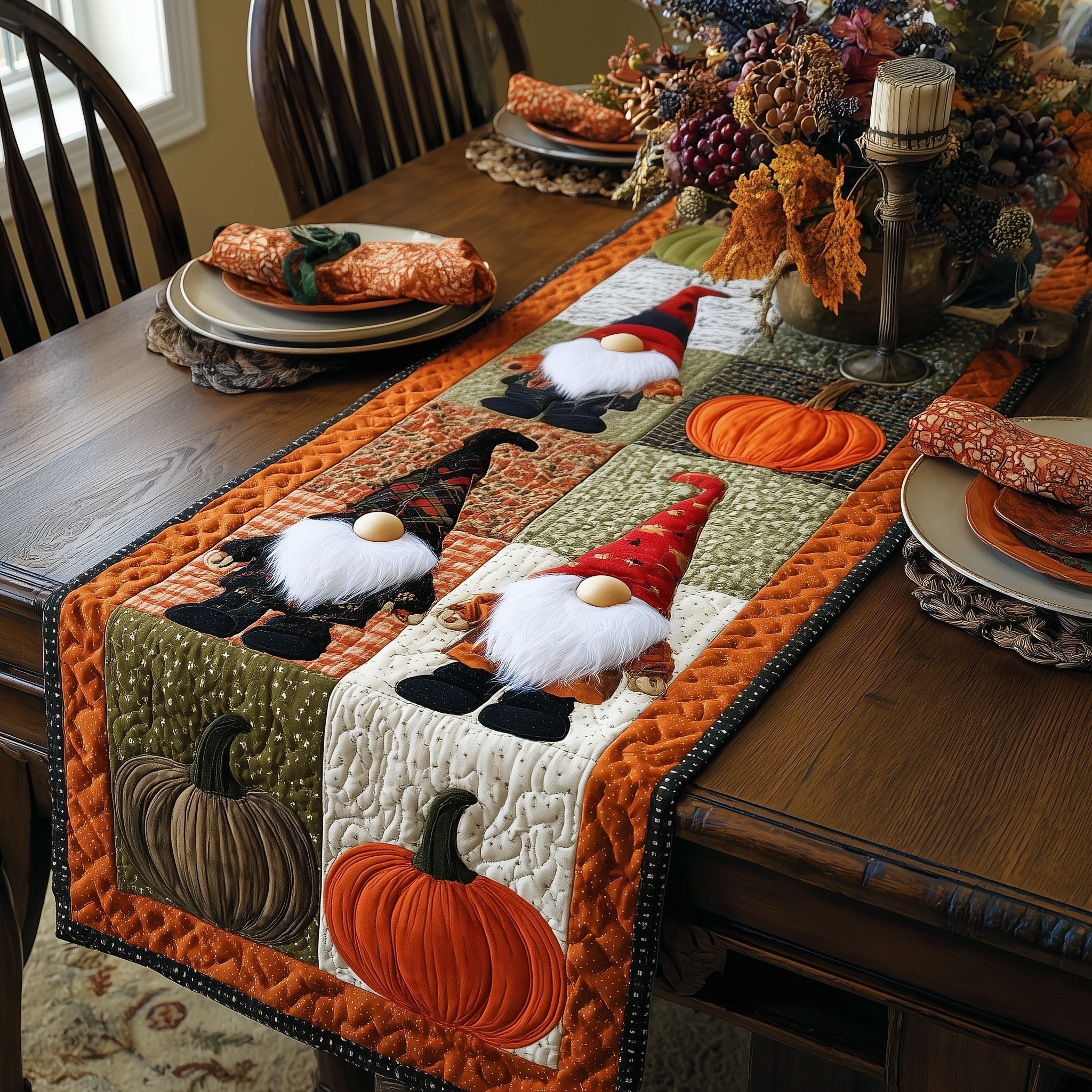 Gnome and Pumpkin Blocks in Orange Table Runner