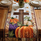 Cross with Purple and Orange Pumpkins Table Runner