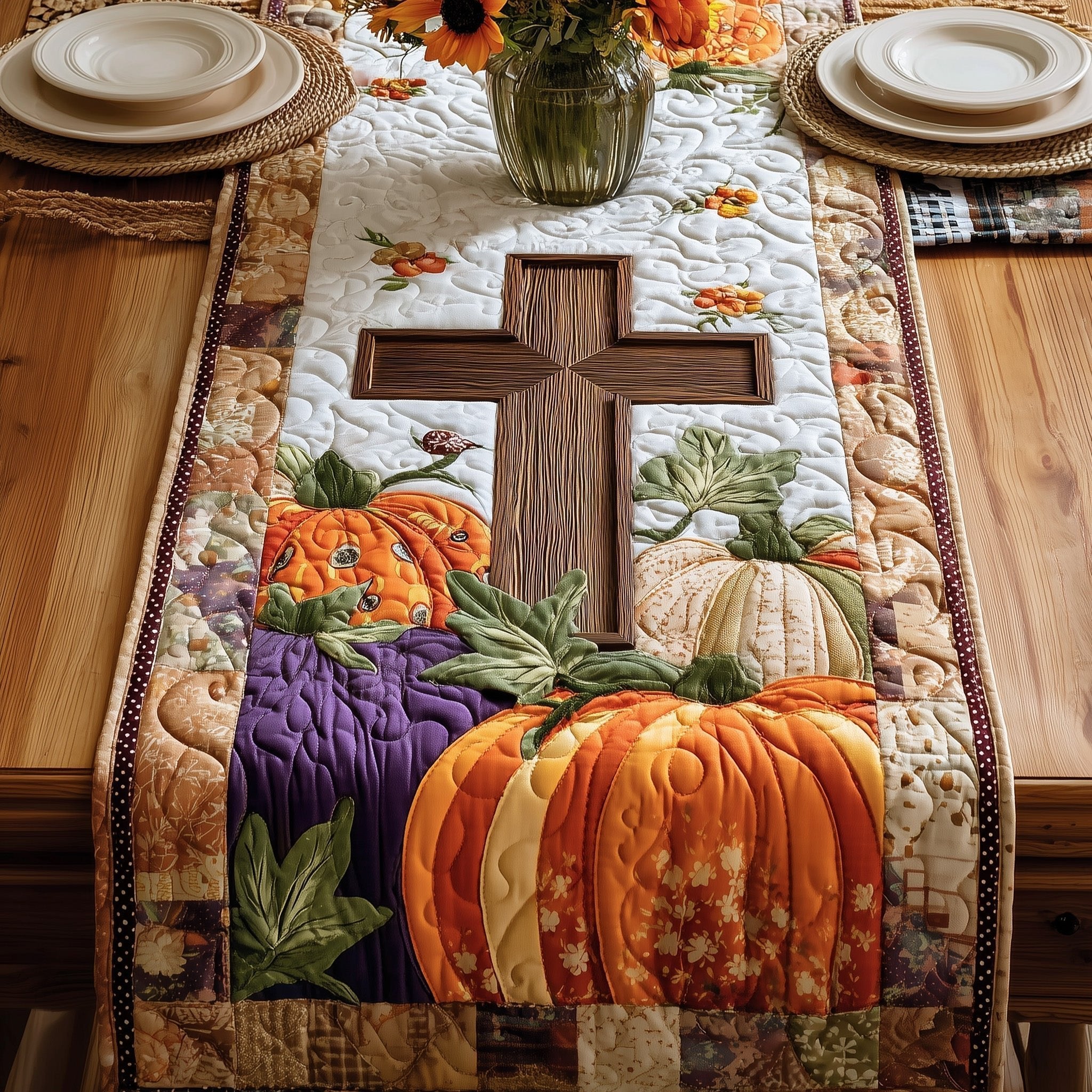 Cross with Purple and Orange Pumpkins Table Runner