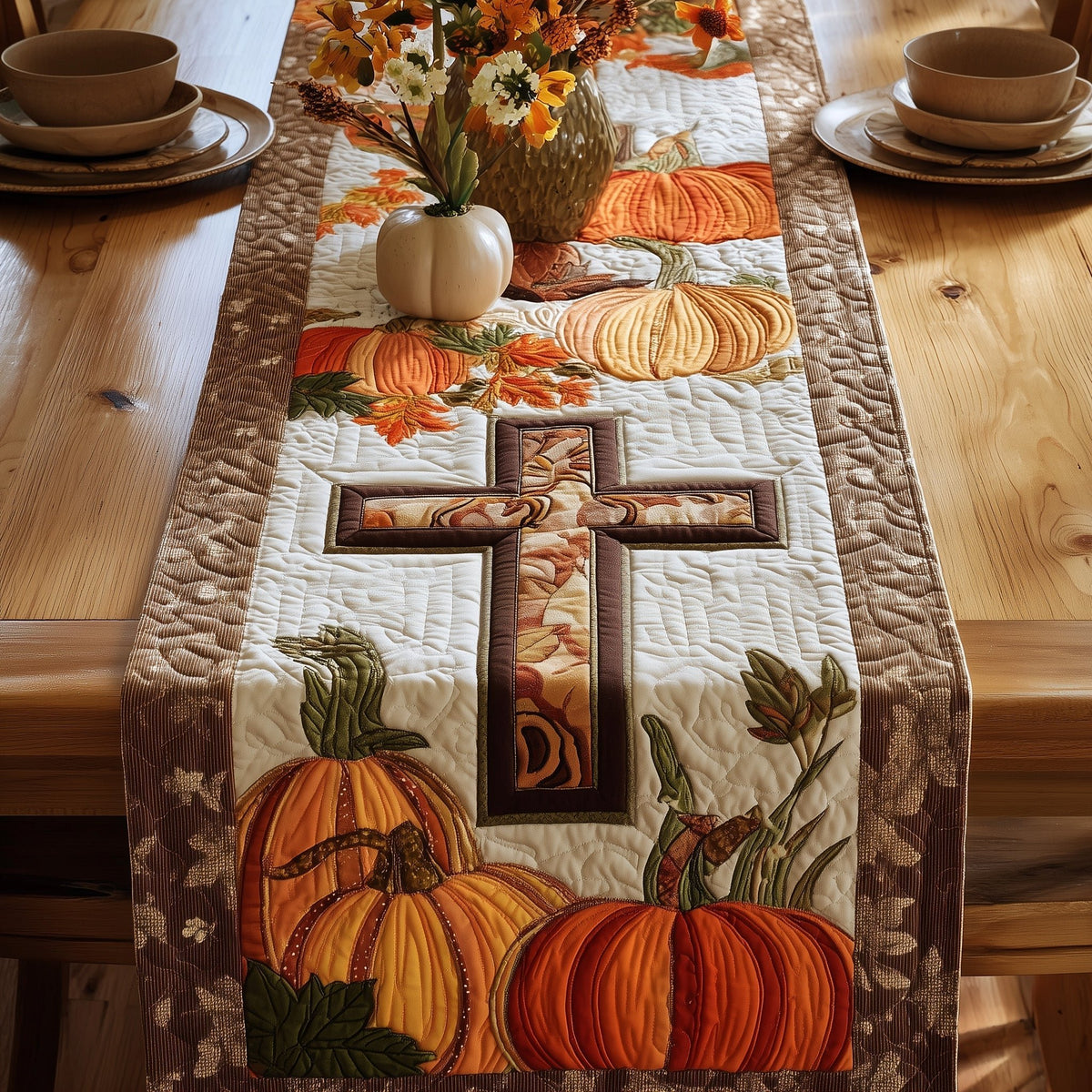 Cross on Brown with Two Pumpkins Table Runner