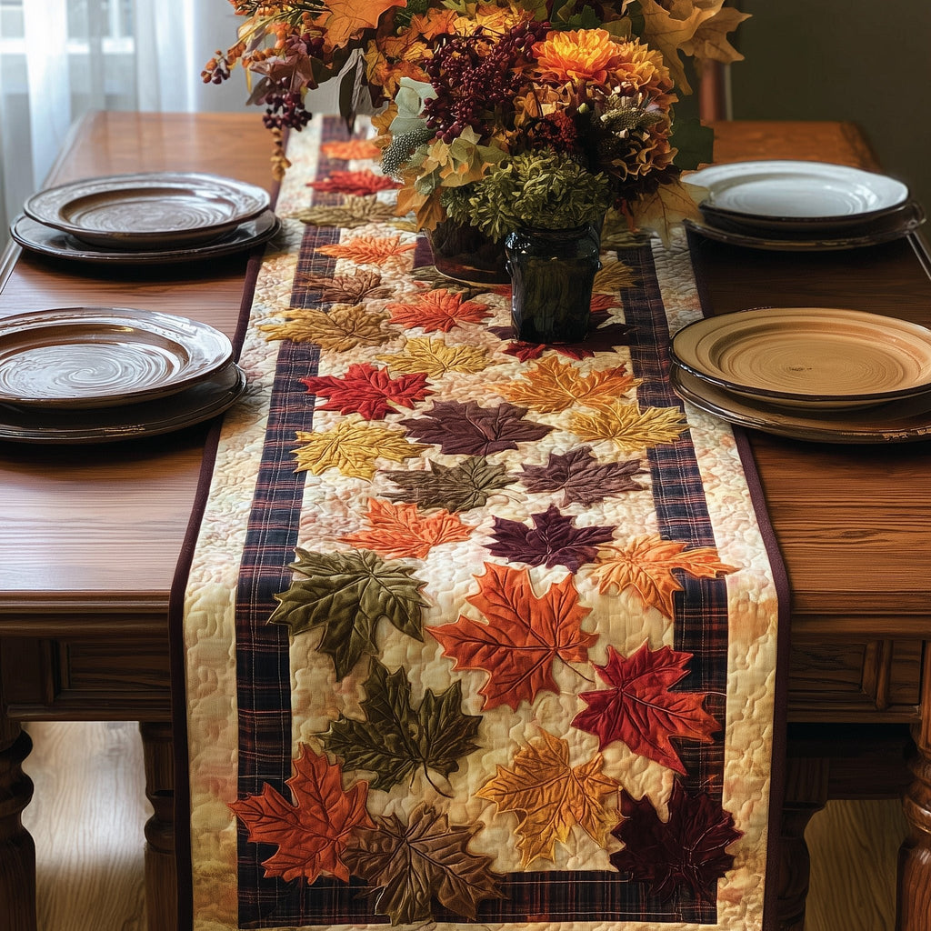 Autumn Leaves with Plaid Border Table Runner