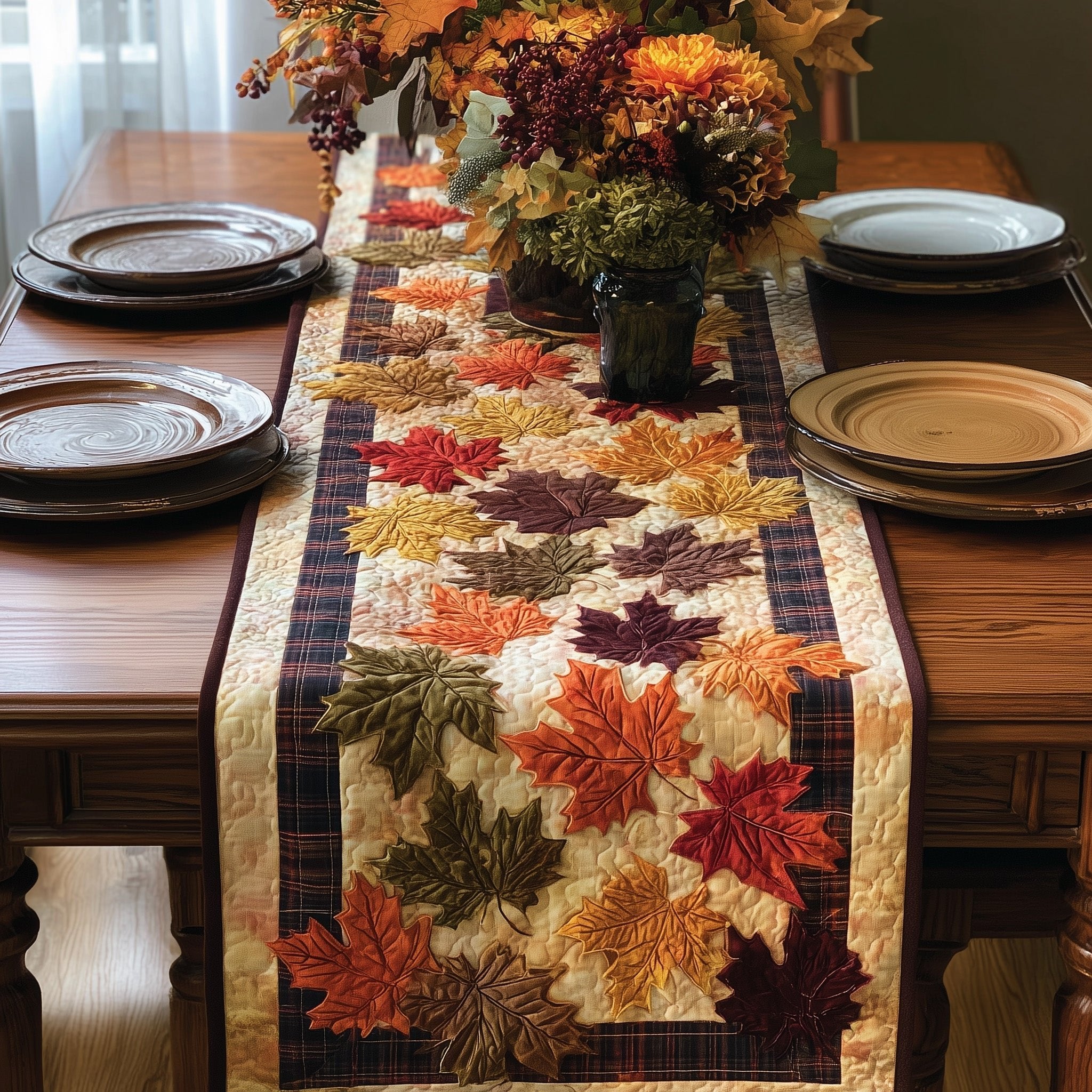 Autumn Leaves with Plaid Border Table Runner