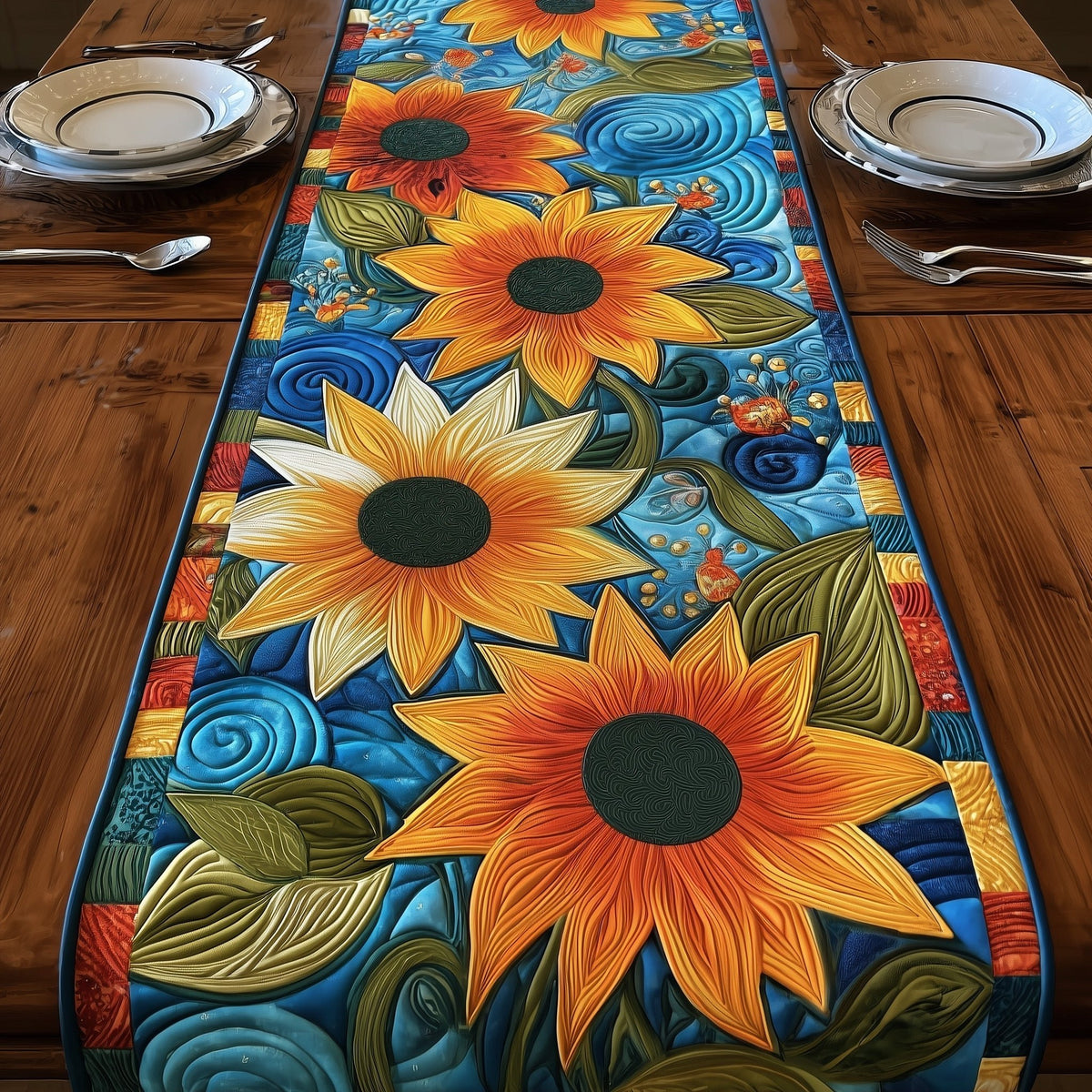Sunflowers on Blue Swirls Table Runner