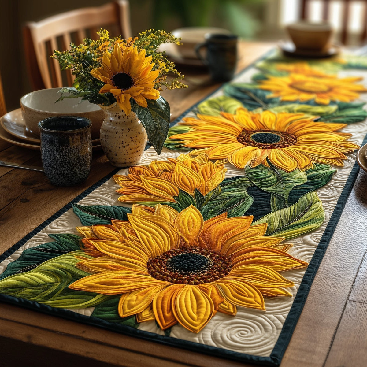 Golden Sunflowers on Cream Table Runner