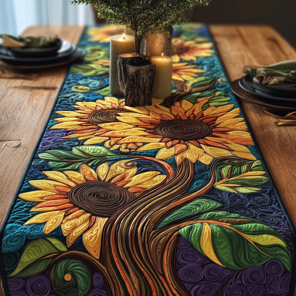 Swirling Sunflowers on Deep Blue Table Runner