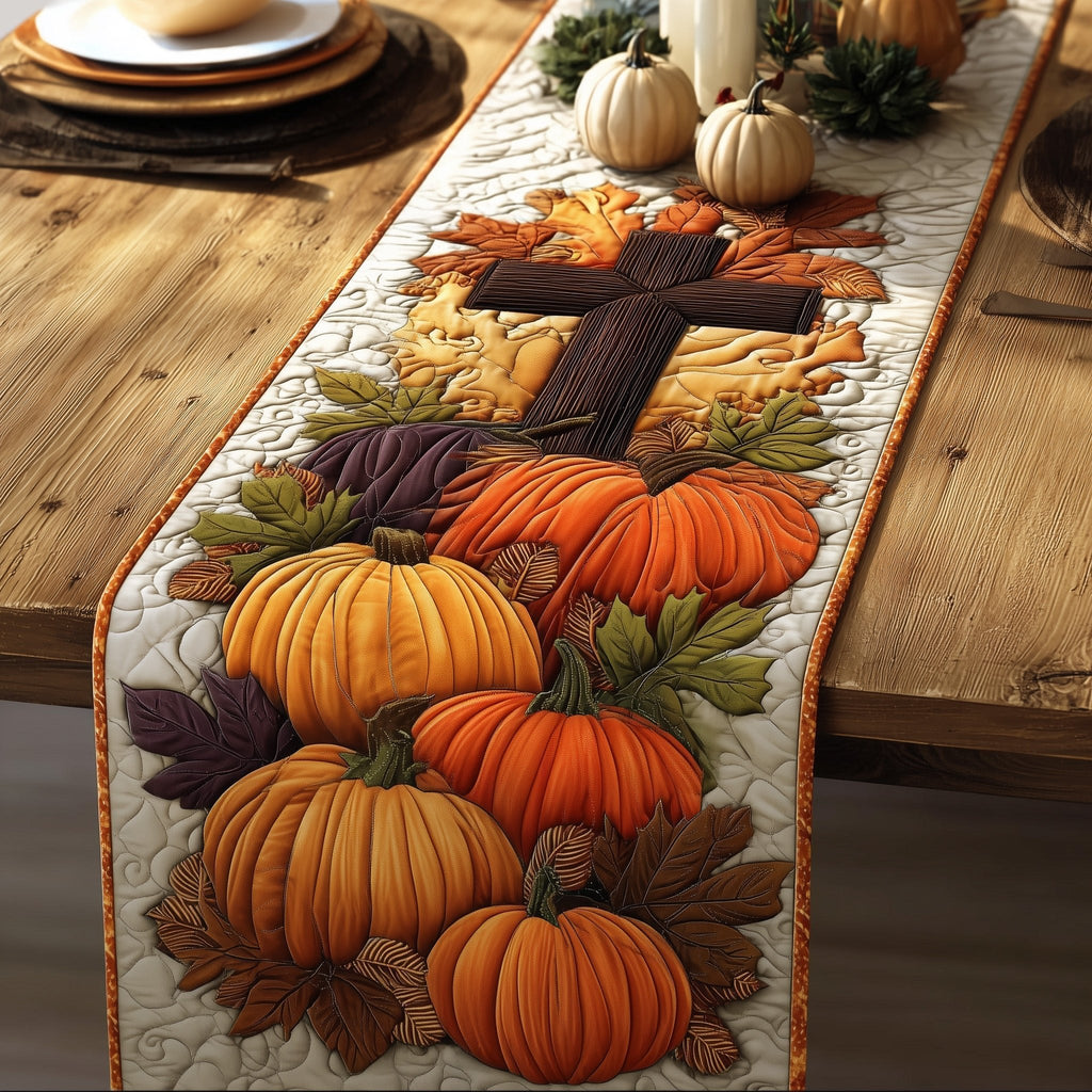 Cross Above Stacked Pumpkins Table Runner