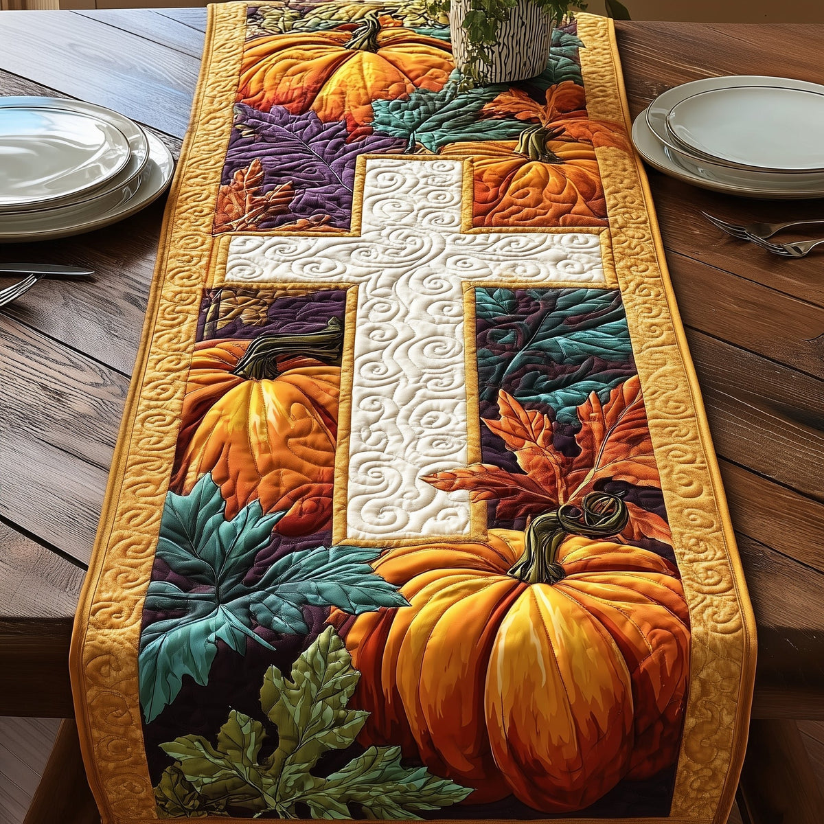 Cross with a Golden Pumpkin Table Runner