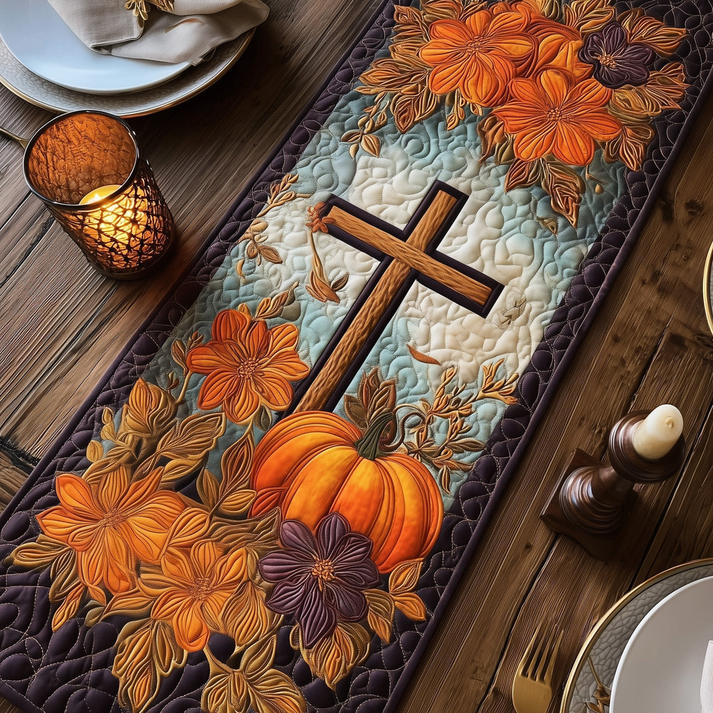 Cross with Pumpkin and Purple Daisies Table Runner