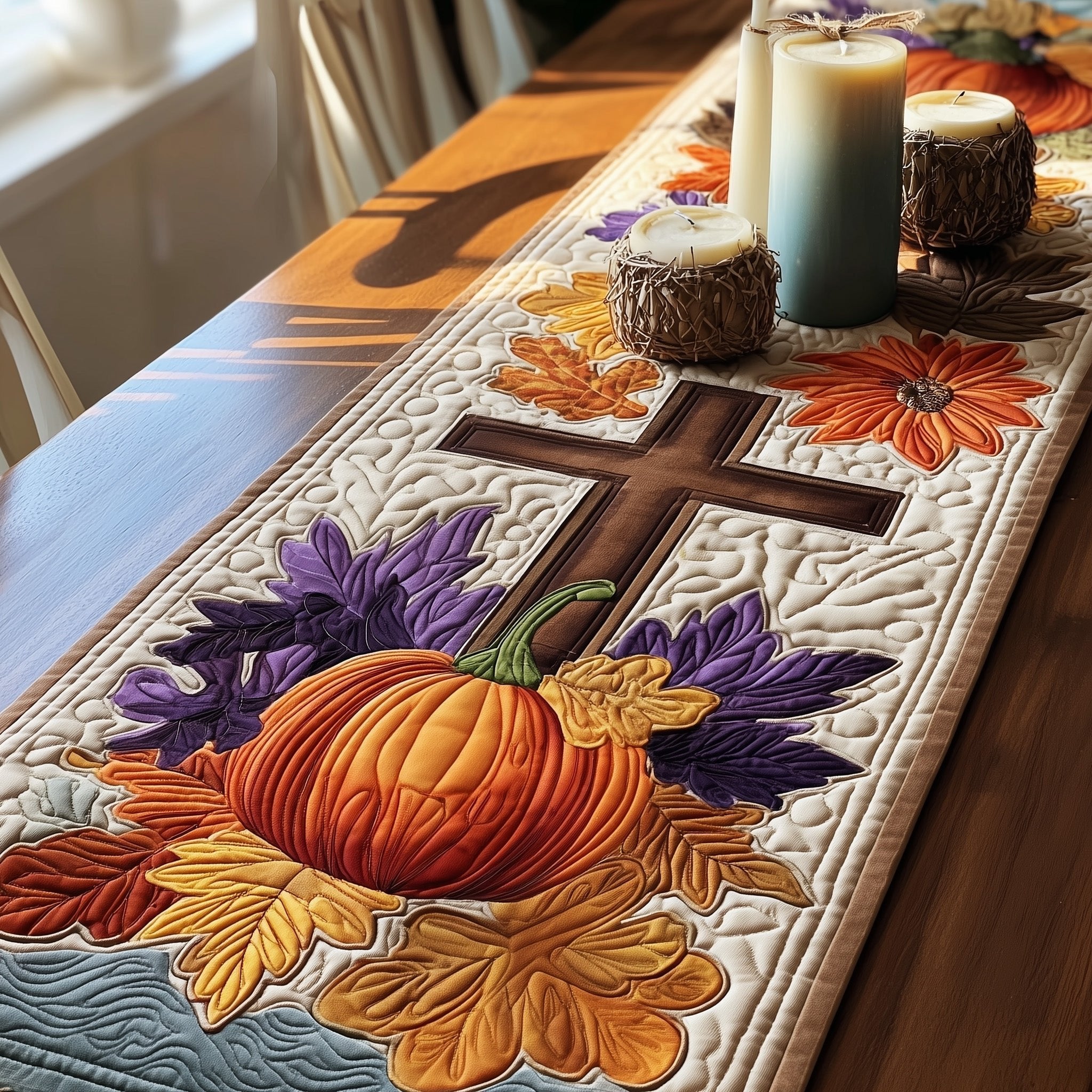 Cross with Pumpkin and Purple Blooms Table Runner
