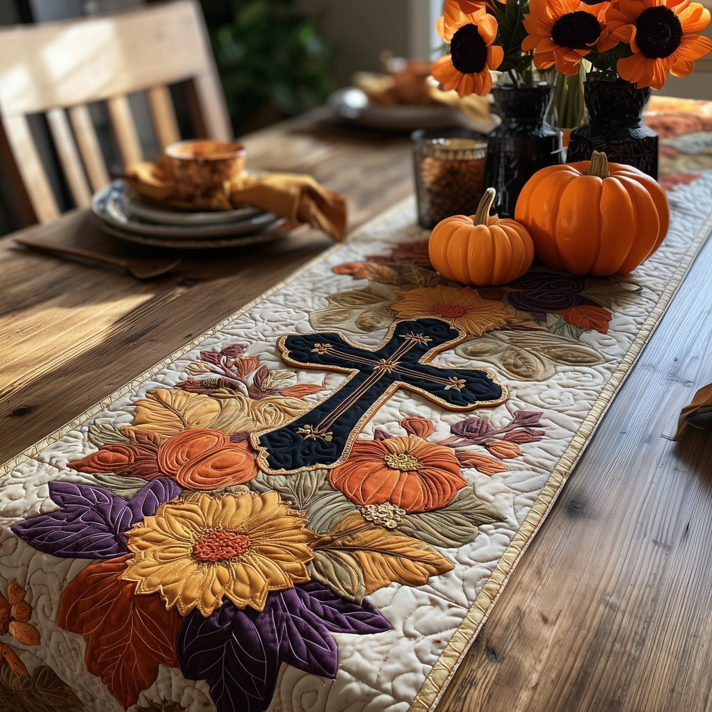 Dark Cross with Sunflowers Table Runner