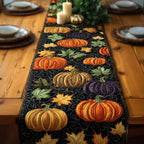 Pumpkin Row on Black Background Table Runner