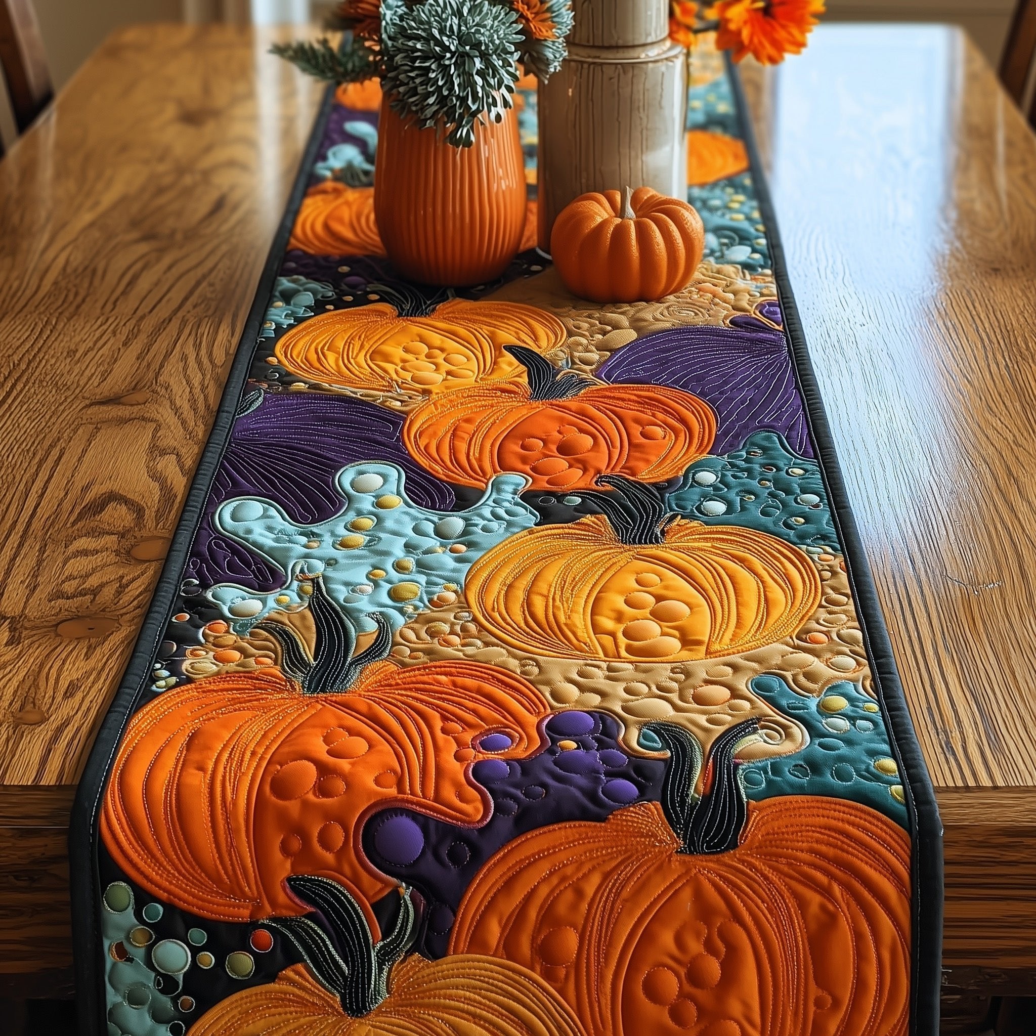 Orange Pumpkins on Teal and Purple Table Runner