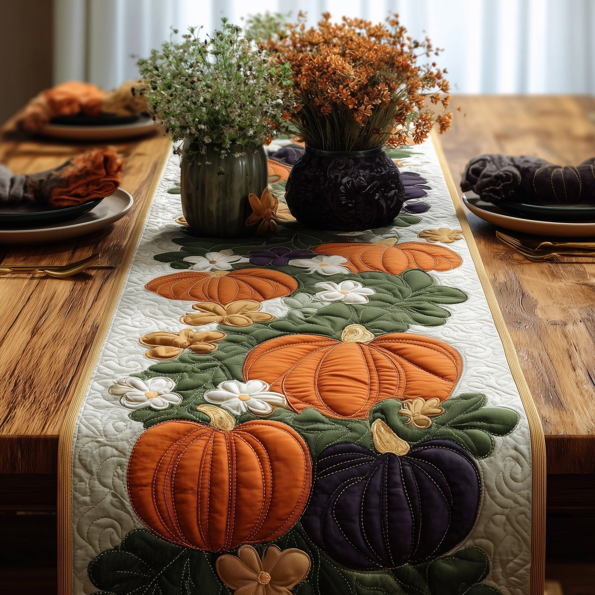 Orange and Purple Pumpkins on Cream Table Runner