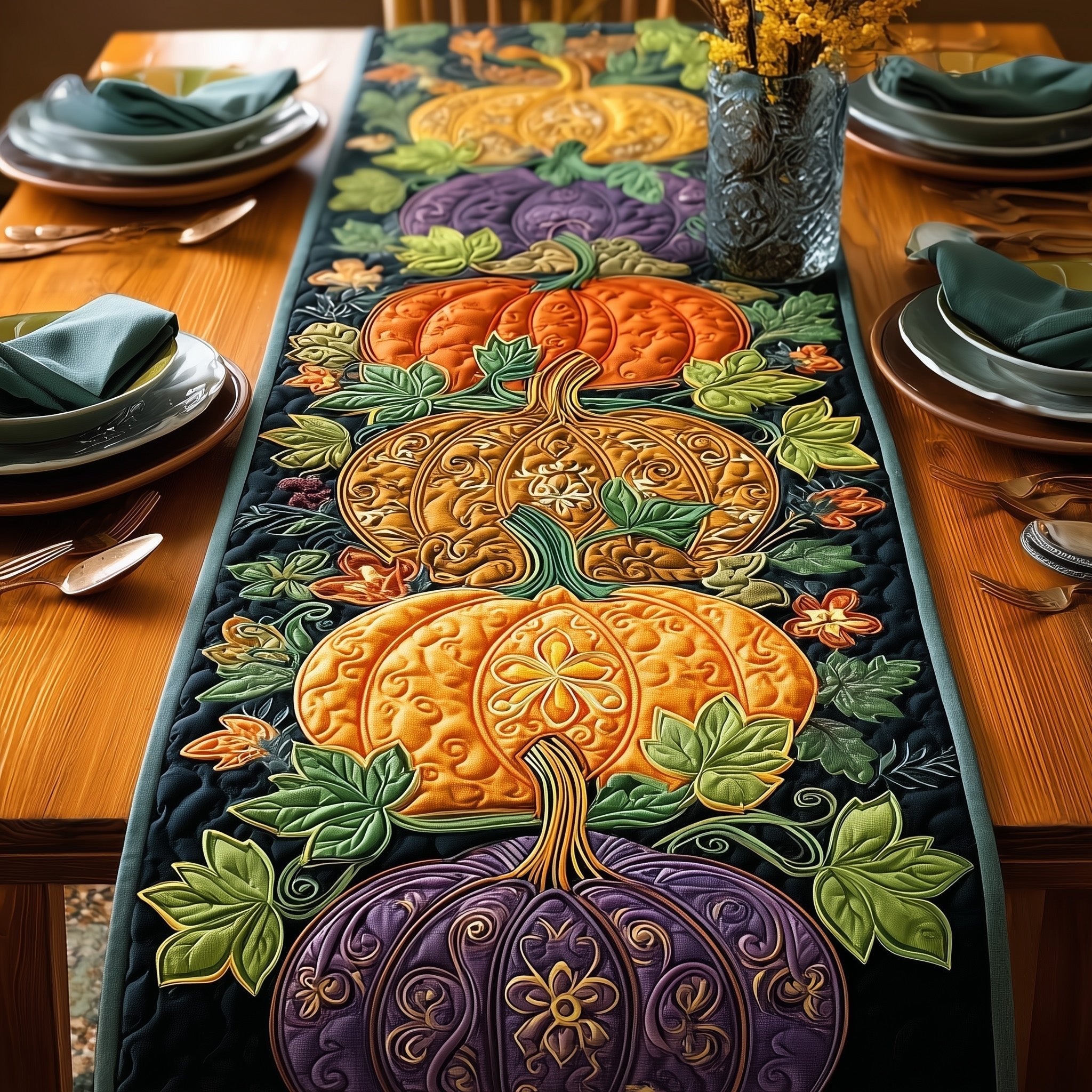 Golden Pumpkins on Purple Paisley Table Runner