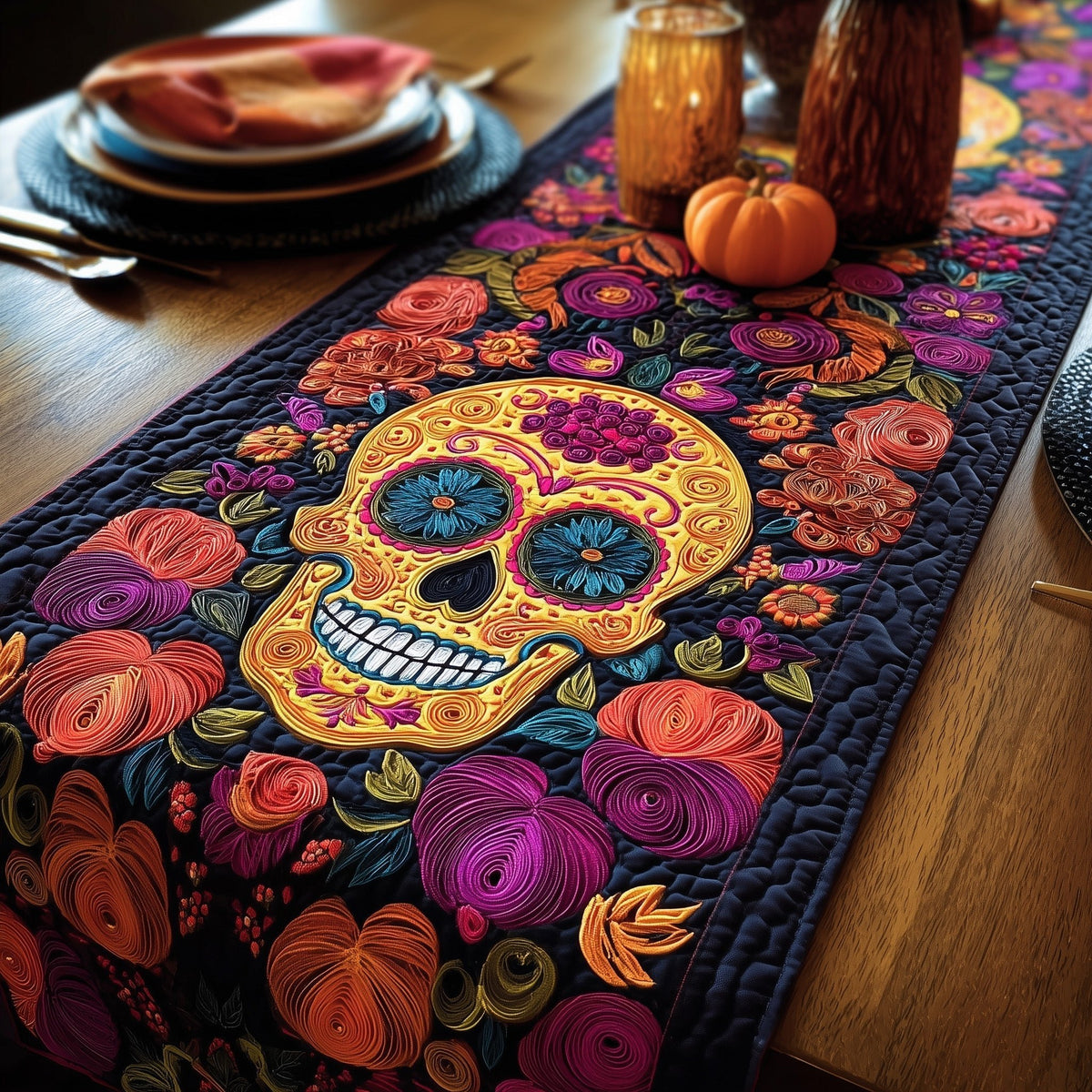 Sugar Skull with Bright Blooms Table Runner