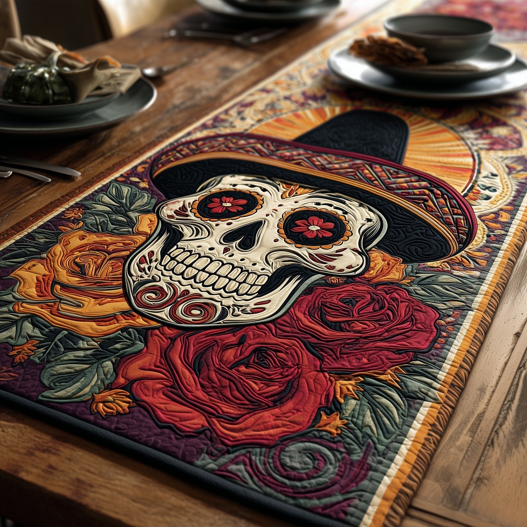 Sugar Skull in Hat with Roses Table Runner