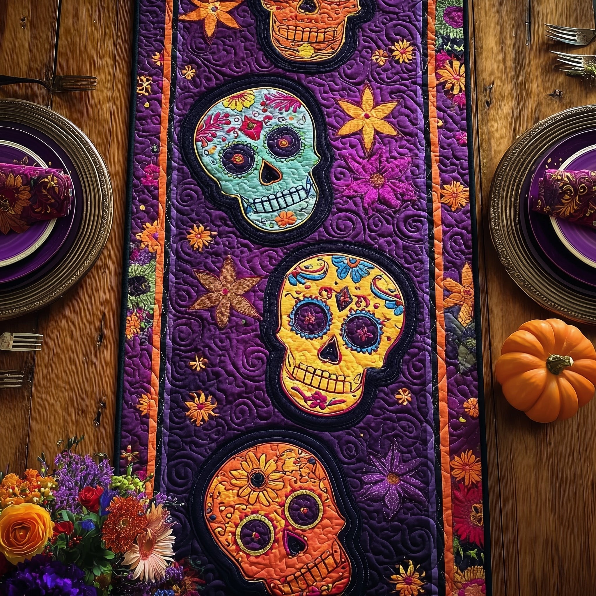 Sugar Skulls on Purple Panel Table Runner