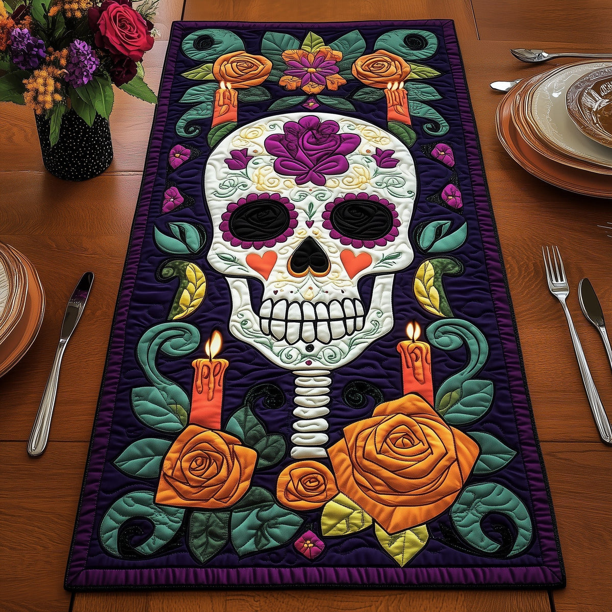 Sugar Skull with Candles and Roses Table Runner
