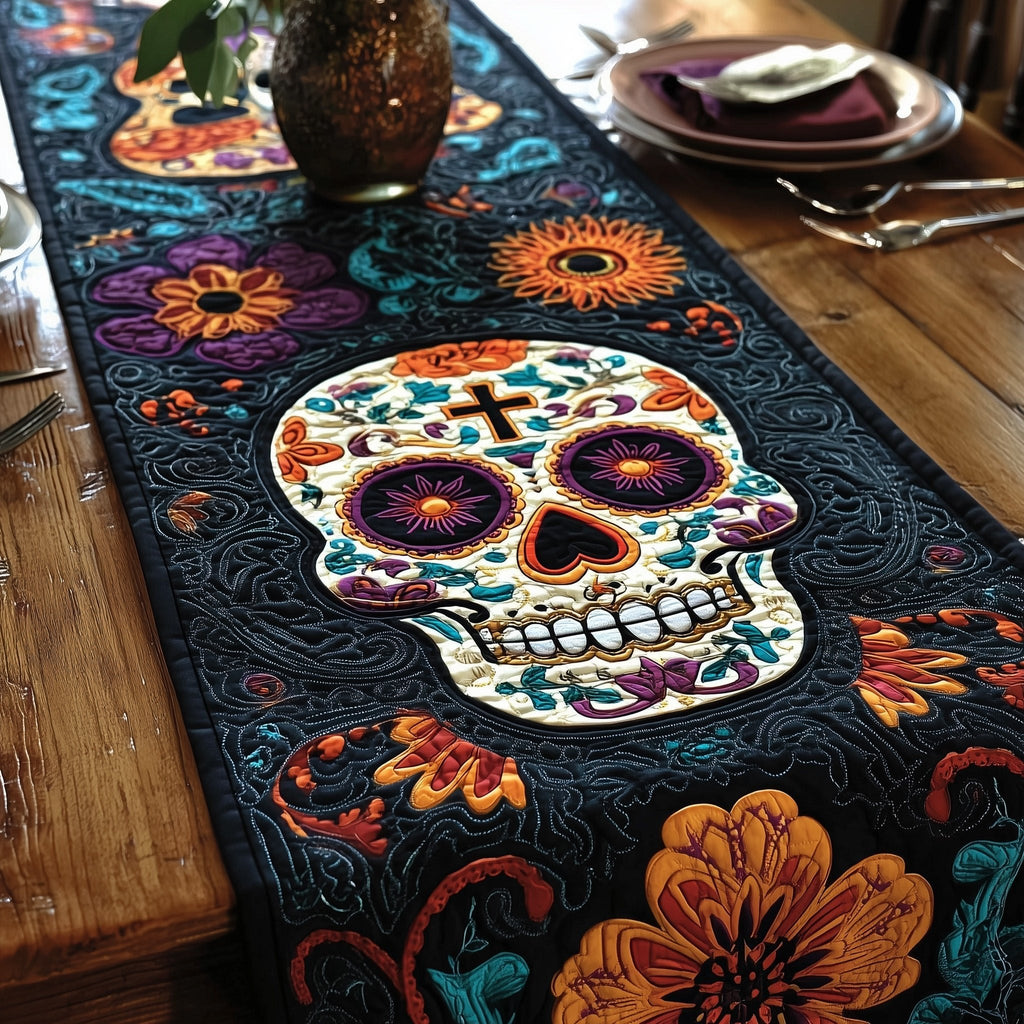 Sugar Skull on Black with Flowers Table Runner