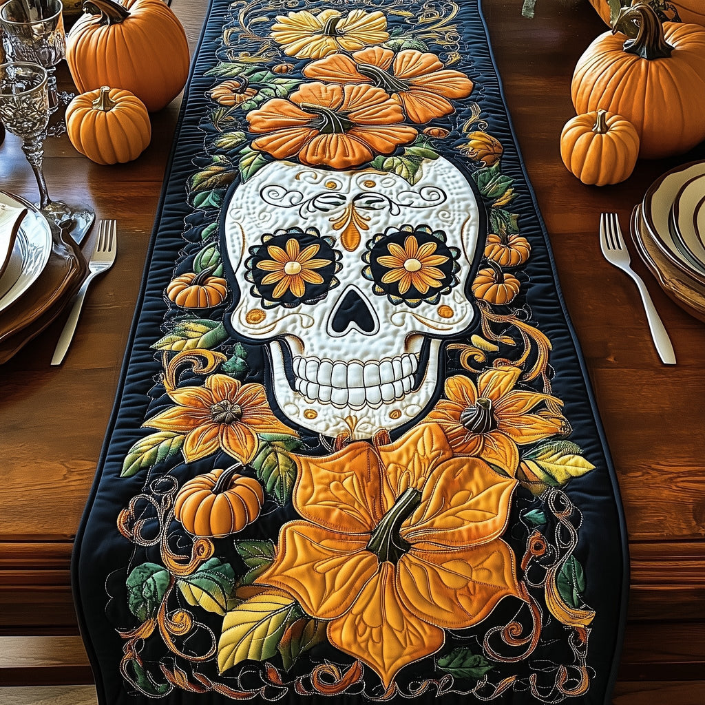 Sugar Skull with Sunflowers and Pumpkins Table Runner