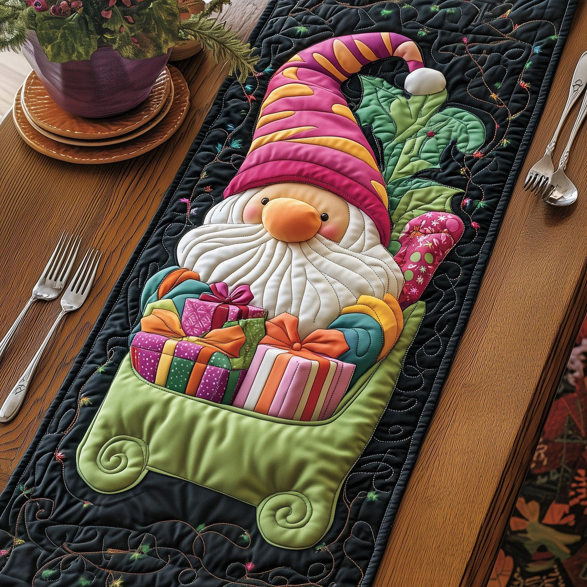 Gnome Riding Sleigh Full of Gifts Table Runner