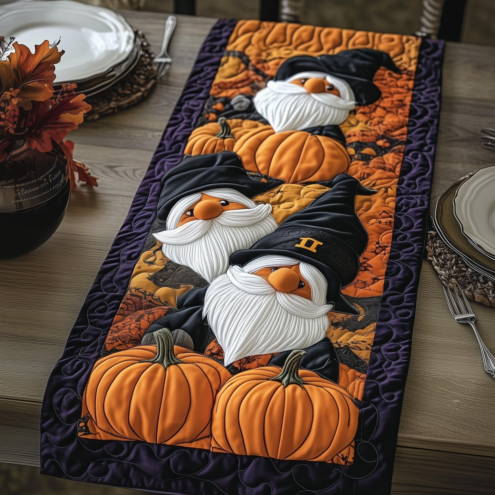 Gnome in Witch Hat with Pumpkins Table Runner