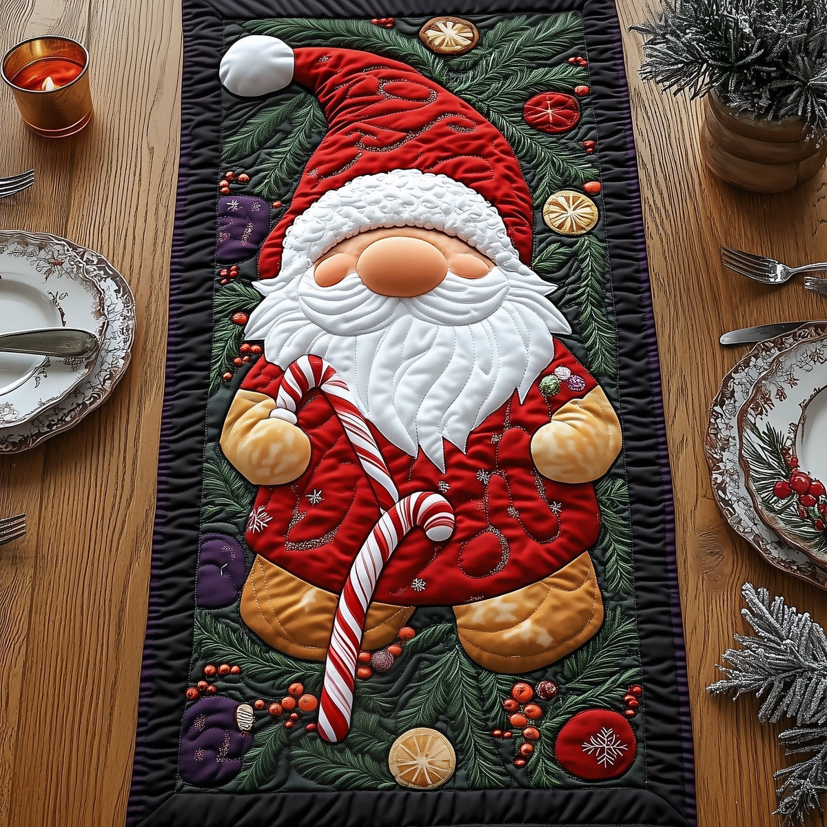 Santa Gnome Holding Candy Cane Table Runner