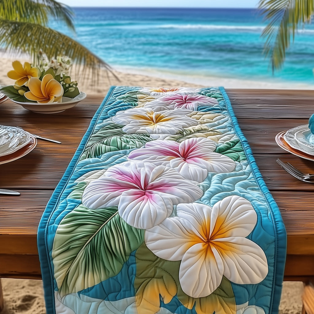 Pink and White Plumeria on Teal Table Runner