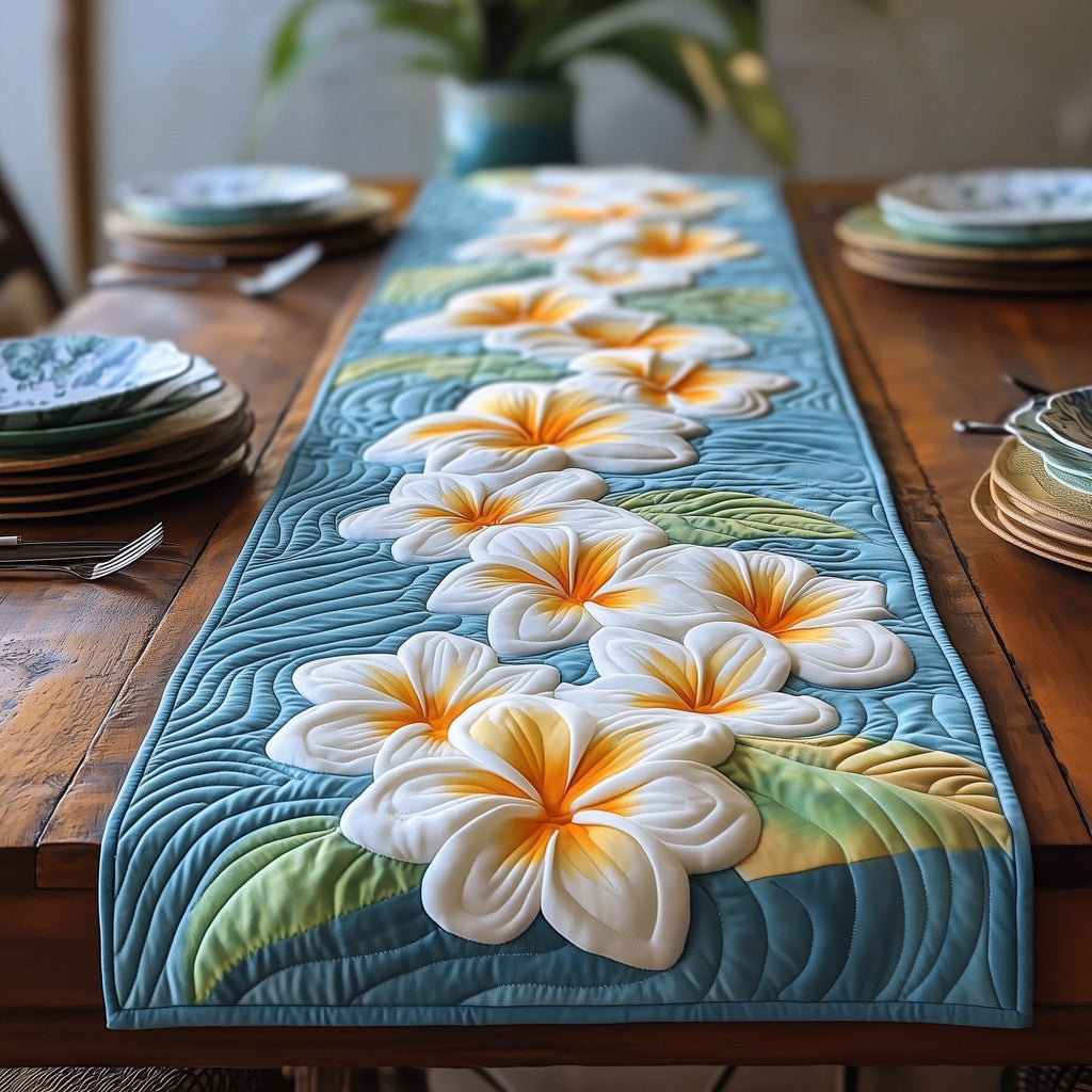White Plumeria Trail on Teal Table Runner