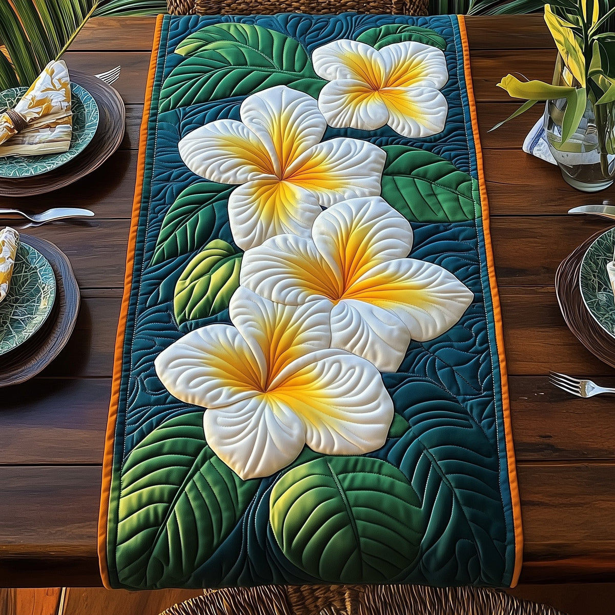 Plumeria and Green Leaves on Navy Table Runner