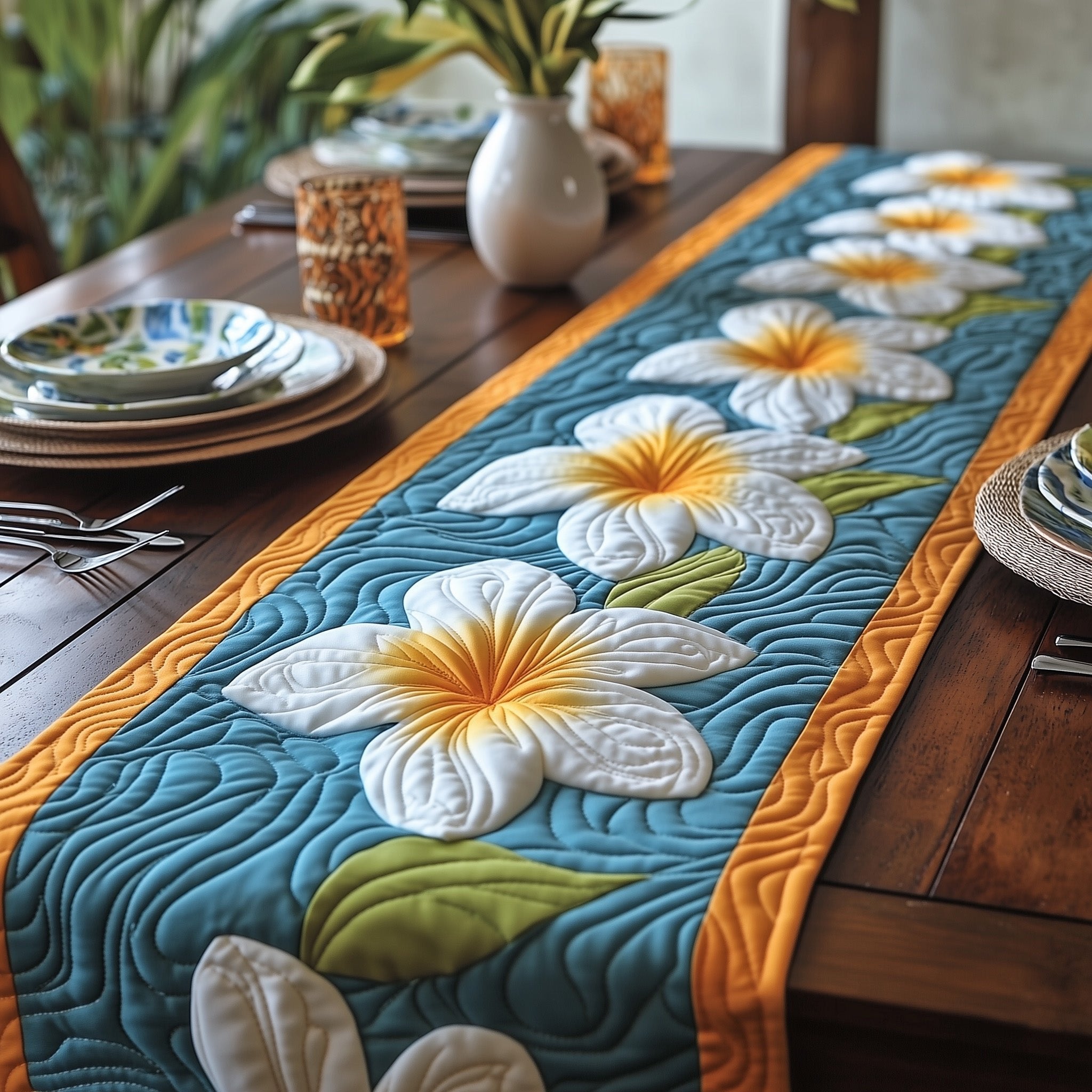 Plumeria on Blue with Orange Trim Table Runner