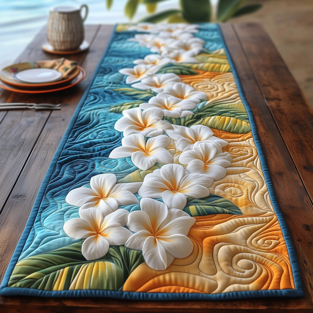 Row of White Plumeria on Teal Table Runner