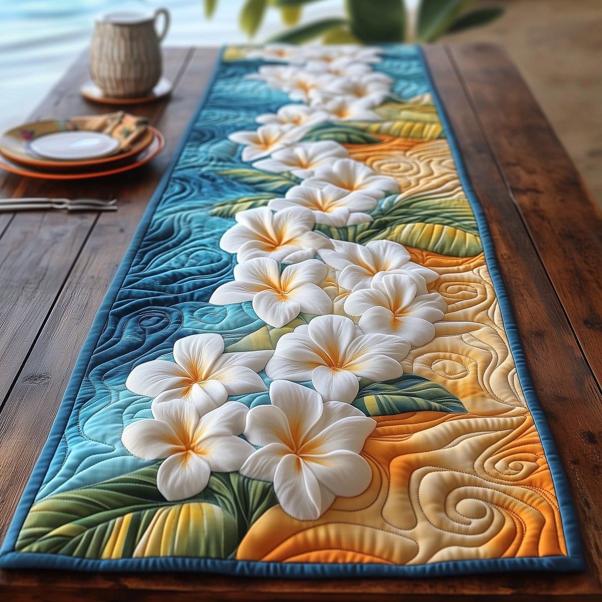 Row of White Plumeria on Teal Table Runner