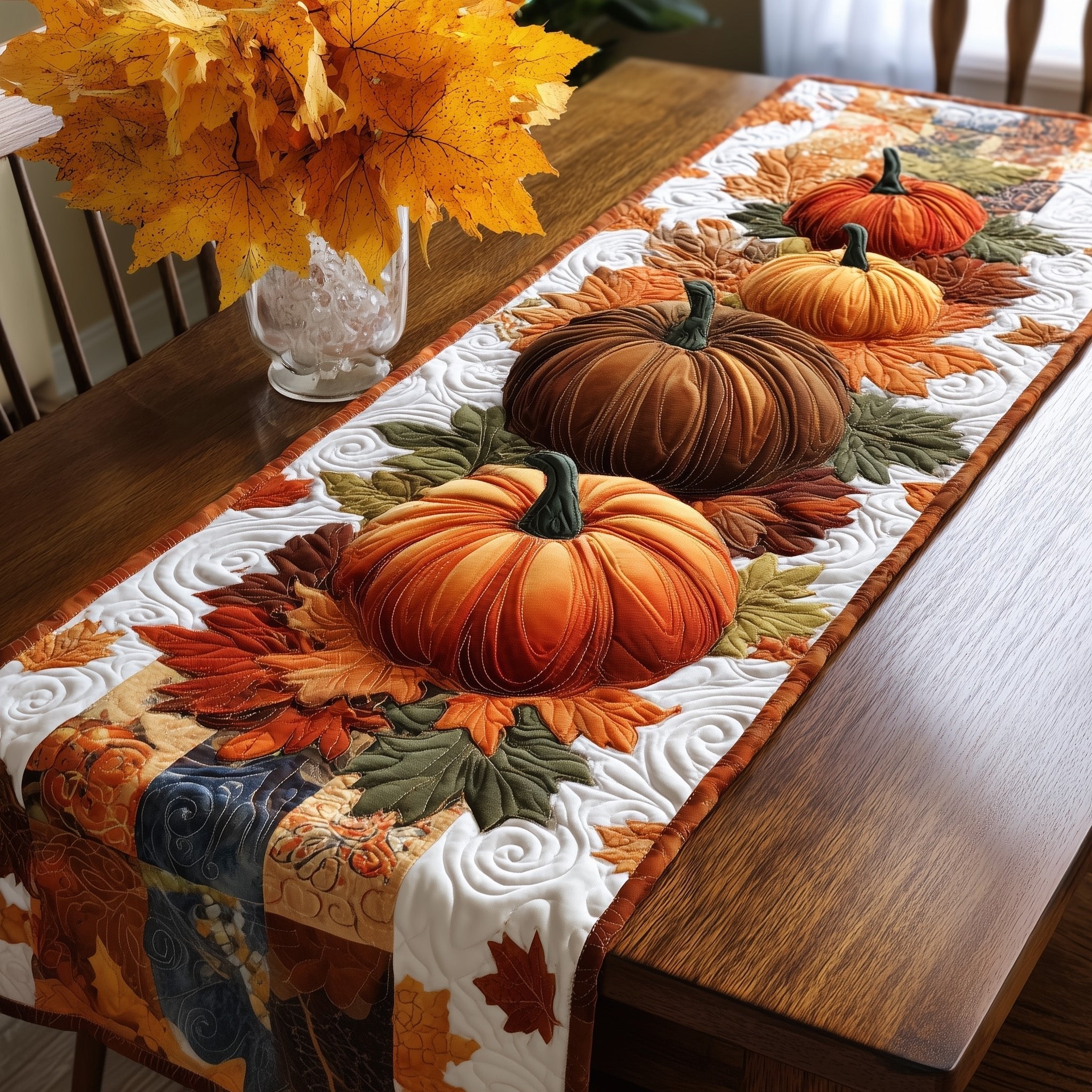 Pumpkins with Autumn Leaves on Cream Table Runner