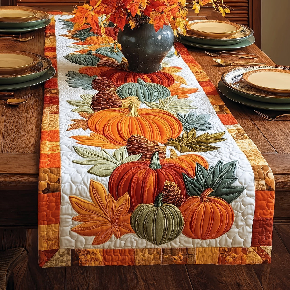 Pumpkins and Leaves with Orange Border Table Runner