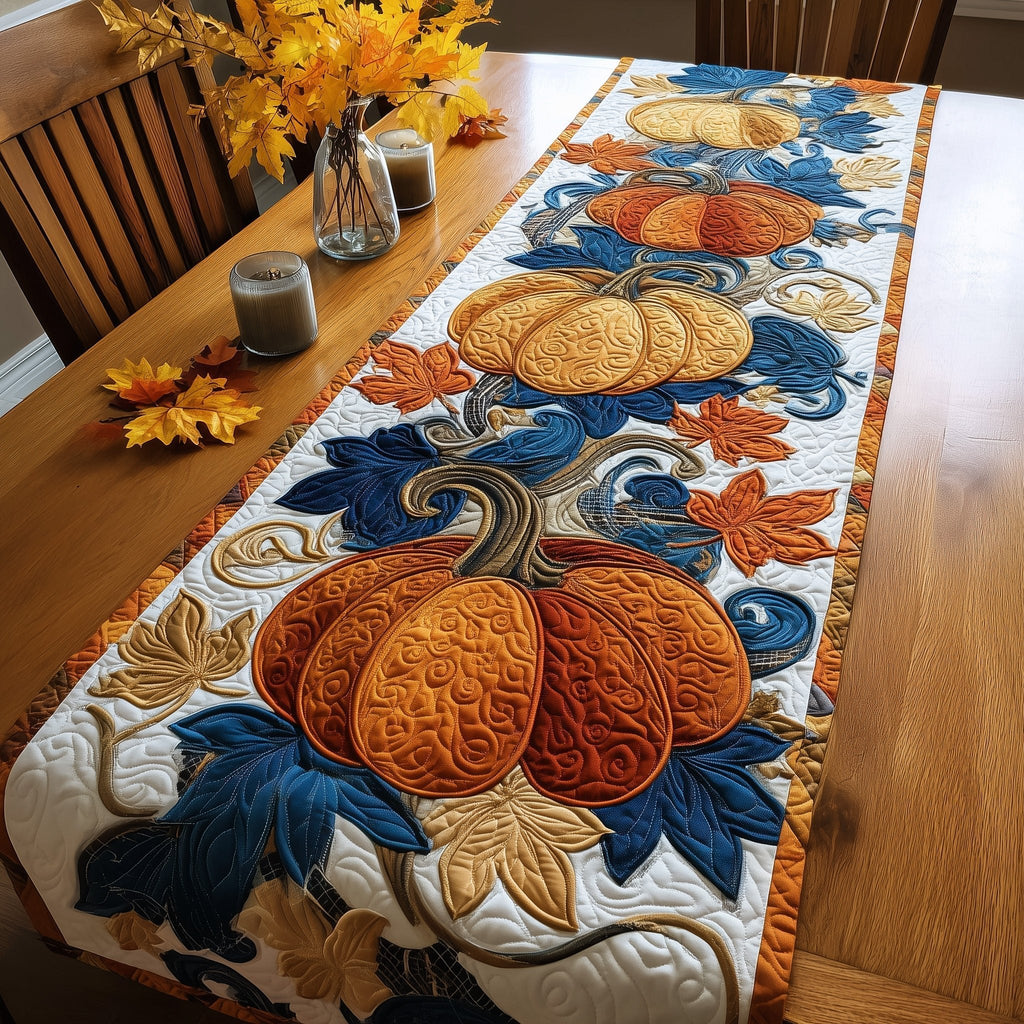 Tall Pumpkins with Blue Autumn Leaves Table Runner