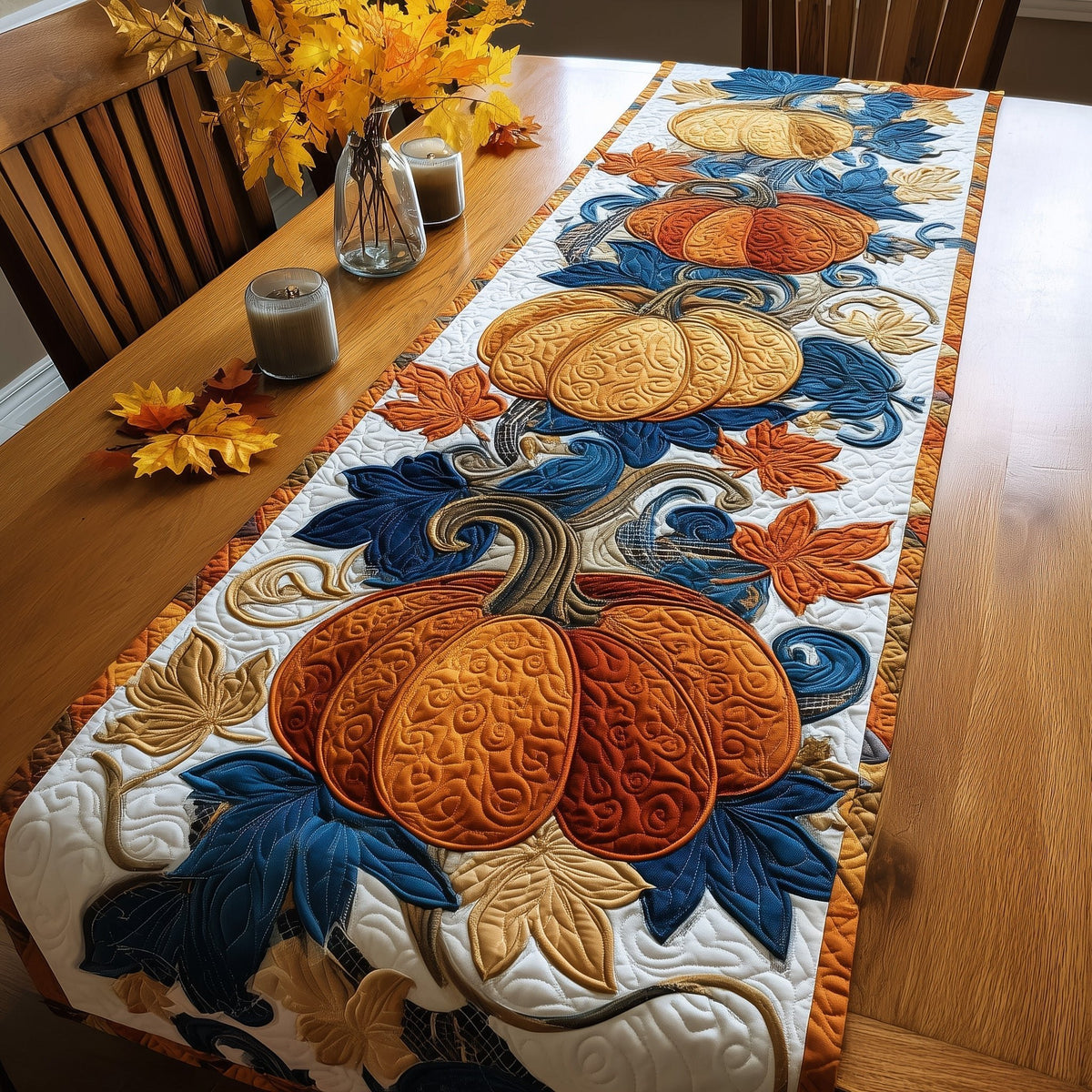 Tall Pumpkins with Blue Autumn Leaves Table Runner