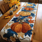 Tall Pumpkins with Blue Autumn Leaves Table Runner