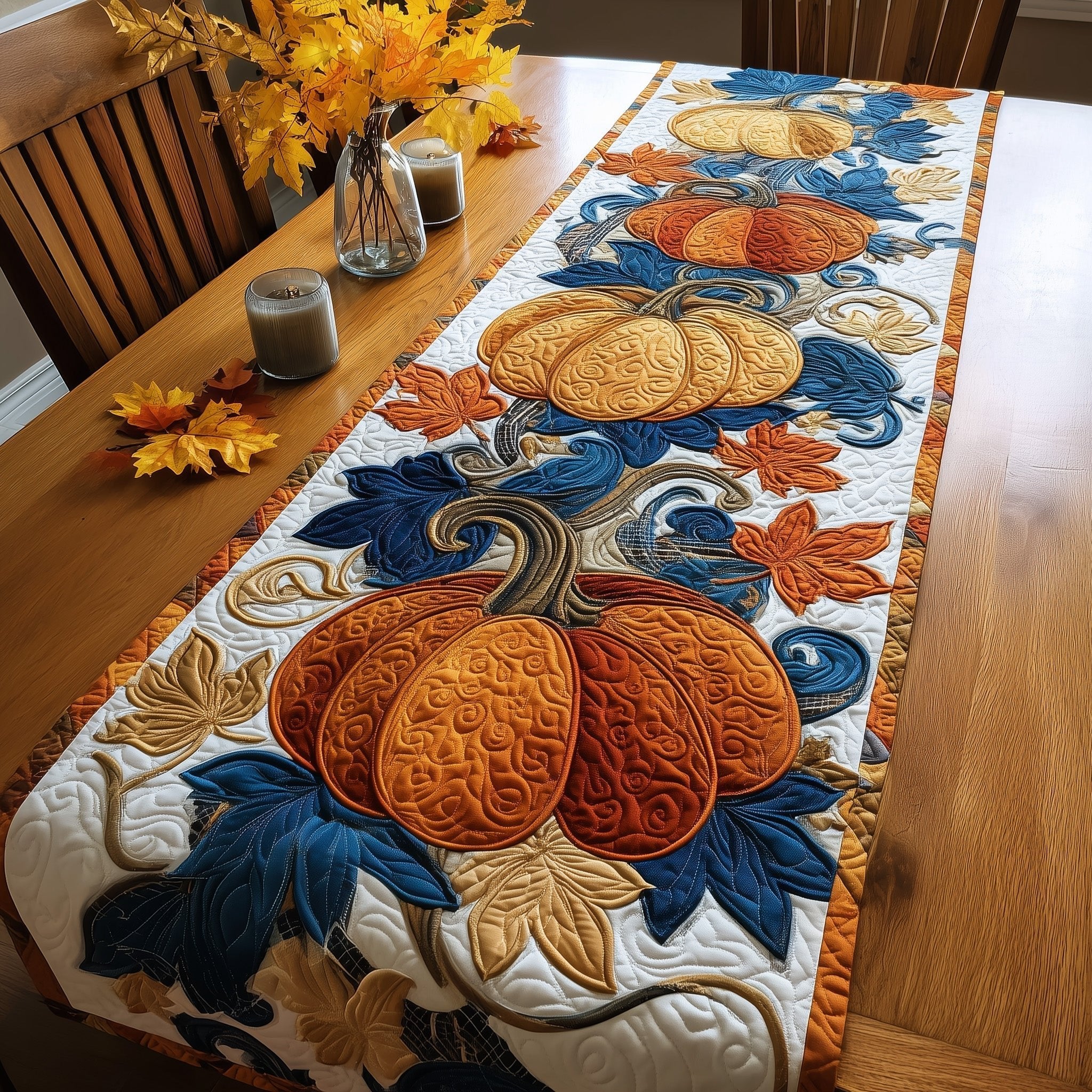 Tall Pumpkins with Blue Autumn Leaves Table Runner